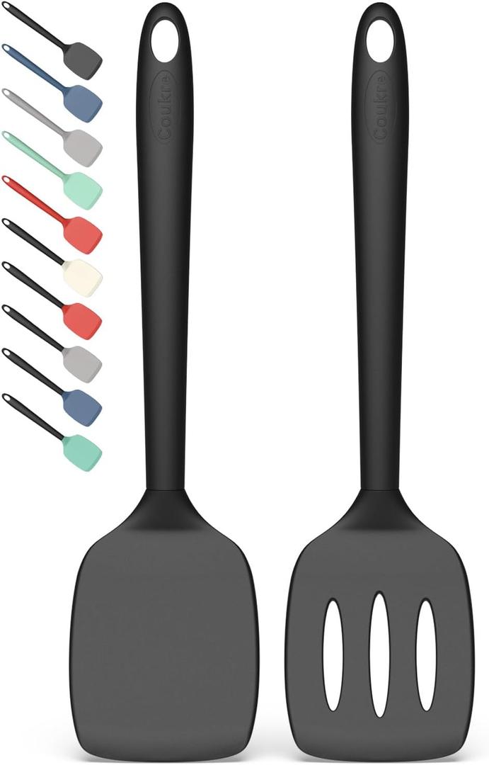 Coukre 2 Pack Silicone Spatula Set, High Heat Resistant, BPA Free Kitchen Spatula, Solid & Slotted Turner for Non-Stick Pans, Sauting, and Flipping (2, PureBlack)