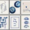 Trendy Navy Wall Art Cheetah Poster Wall Decor Funky Lucky 8 Ball Prints Trendy Preppy Aesthetic Painting Blue Bow Preppy Girly Pictures Decoration for Girls Room Dorm Apartment 8x10" Unframed, 6 Pcs