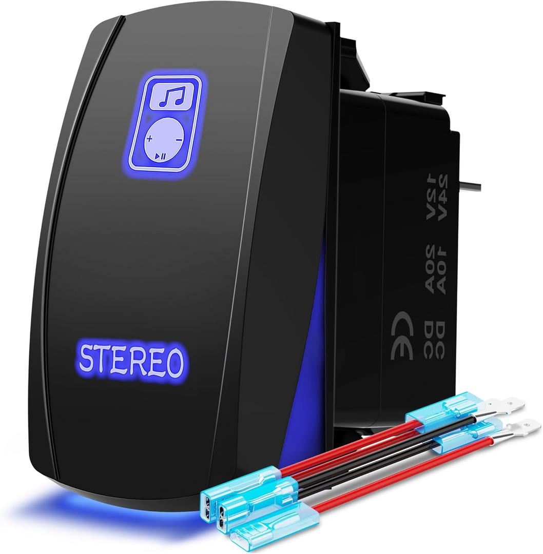MICTUNING LS083601JL Laser Stereo Rocker Switch Kit, On/Off LED Light, 20A 12V, Blue