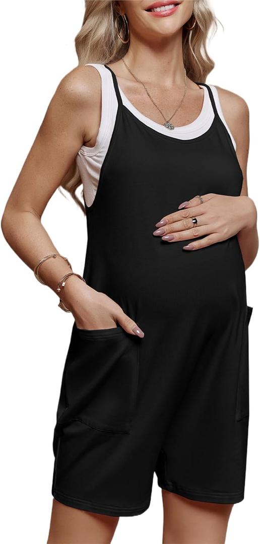 Women's Maternity Overalls Shorts Pregnancy Casual Sleeveless Jumpsuits Romper with Pocket (Black)