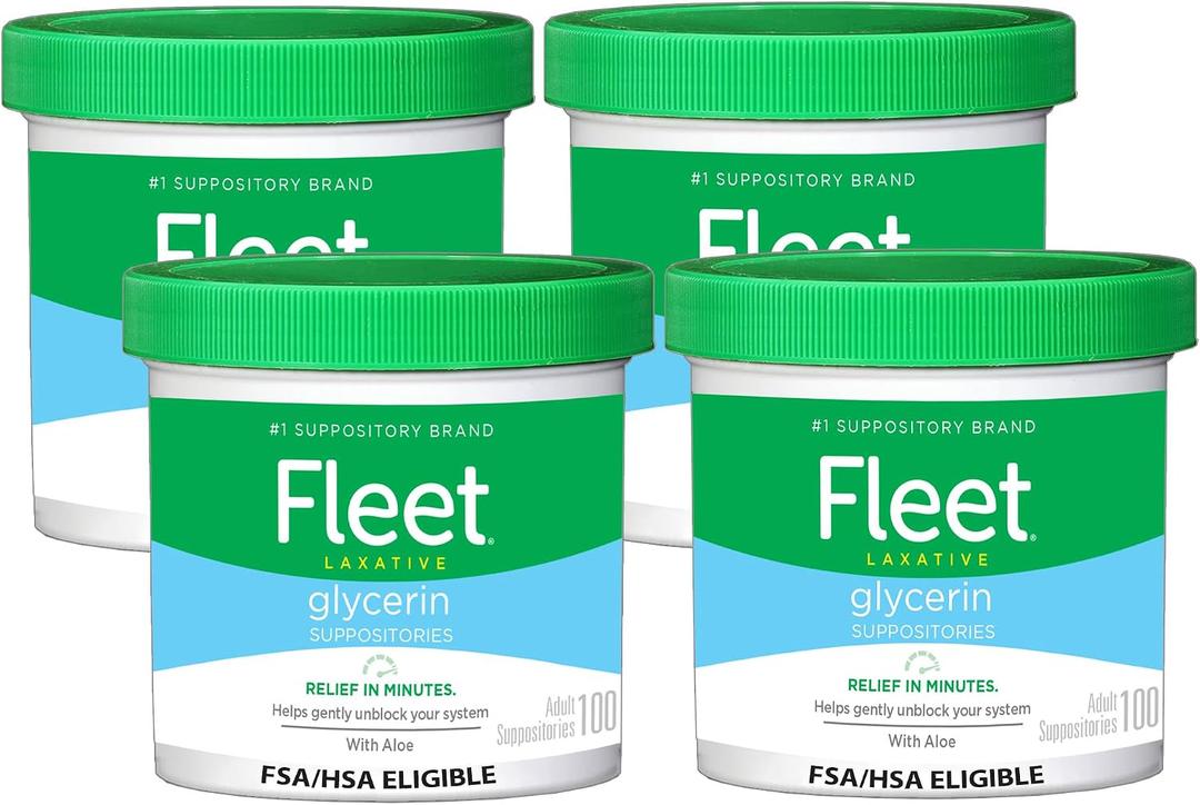 Fleet Glycerin Suppositories for Constipation Relief, Fast and Effective Stimulant-Free Laxative with Aloe Vera, 100 Count Jar, Pack of 4