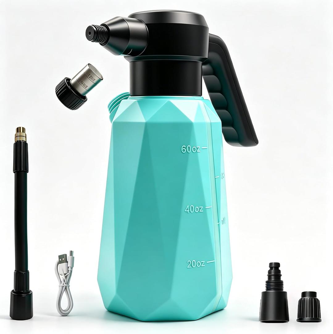 Battery Powered Sprayer, 1/2 Gallon Electric Spray Bottle with 2200mAh Battery 3H Runtime, 3 Speeds 2 Nozzles, Flexible Rubber Wand, Transparent Tank with Measuring Cup Cap, Blue