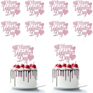 Happy Valentine's Day Cake Toppers 20Pcs Red Glitter Heart Cupcake Topper for Valentine's Day Wedding Anniversary Birthday Party Cake Decoration, Pink