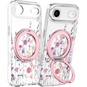 Loheckle for iPhone 17 Air Case with Stand- Compatible with MagSafe Women Girls Cute Clear Aesthetic Unique Design Soft TPU Magnetic Ring Phone Cover for Apple 17 Air, Purple Flower