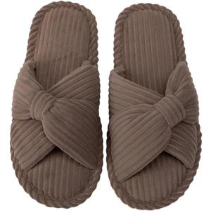 Enteer Women's Corduroy Bow Memory Foam Slippers, Open Toe Cross Band Non-Slip Indoor Outdoor House Slippers