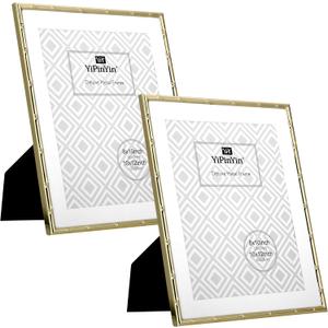 YiPinYin 2-Pack 10x12 Gold Bamboo Metal Picture Frames | Acid-Free Mat for 8x10 Photos | Narrow Plated Edge | Velvet Backing | Wall & Tabletop Display | Elegant Home/Office Decor