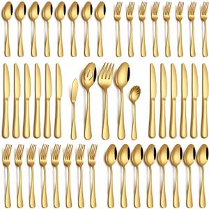 PHILIPALA 45 Piece Gold Silverware Set with Serving Utensils, Stainless Steel Flatware Set for 8 Food Grade Cutlery Utensil Set Include Knife Fork Spoon Mirror Polished Dishwasher Safe