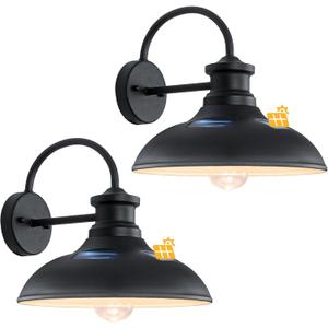 Solar Barn Lights for Outside, Dusk to Dawn Farmhouse Gooseneck Barn Light, 12" Large Black Porch Light Fixture Wall Mount, Waterproof Outside Wall Lights Solar Powered for Porch Garage Patio, 2-Pack