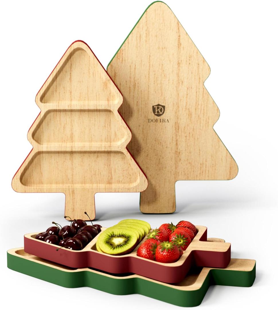 Dofira Serving Platters Set of 2, Wooden Christmas Tree Shaped Serving Trays, Charcuterie Board for Snacks Cheese Desserts Appetizers, Decorative Serving Dishes with Gift Box (7.510in & 912in)
