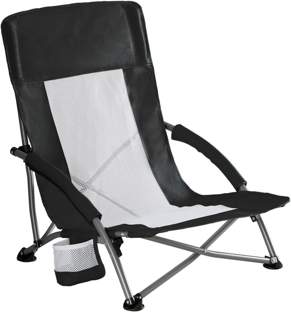 NEWBULIG Folding Camping Beach Chair for Adults, Low Profile Lawn Chair With Cup Holders & Carry Bag, Extra Wide Seat and High Back, Portable for Beach, Outdoors, Travel & Concerts, Black | Low Profile Outdoor Camp Lawn Chair for Adults With Cup Holder, Carry Bag, and Mesh Back for Picnic, Beach, Concerts