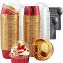 Foil Cupcake Liners with Dome Lids 100Pack,Free-Air 3.5Oz Cups for Baking,Disposable Ramekins Muffin Tins Cupcake Wrappers, with Spoons-Red in gold