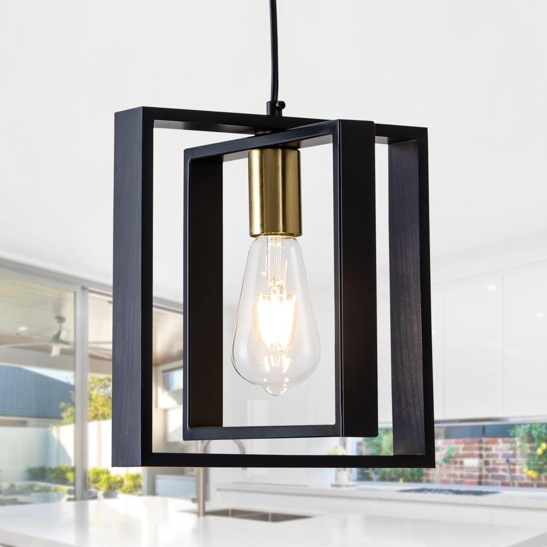 Black Farmhouse Pendant Light,1-Light Small Chandelier,Wood Dining Room Light Fixture with Adjustable Cord,Hanging Lights for Hallway, Kitchen Island, Foyer, Entryway