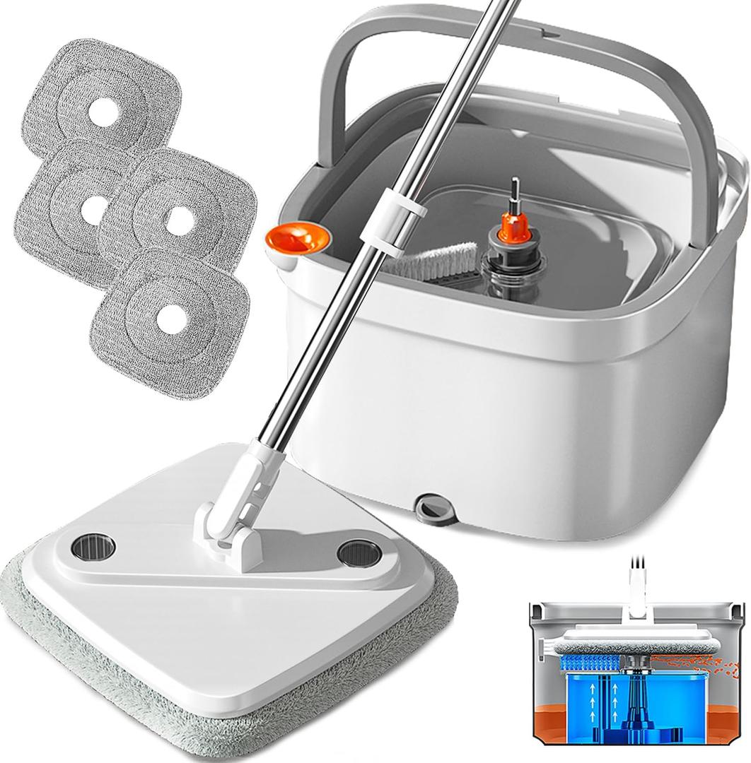 KZKR Spin Mop and Bucket Set with Self Separation Dirty and Clean Water System, Self Wringing 360 Rotating Square Mop Head for Home Floors Cleaning (1.0 Mop and Bucket Set (4 Pads)) (1.0 Mop and Bucket Set (4 pads))