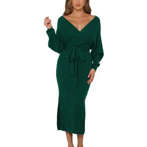 Viottiset Women's V Neck Long Batwing Sleeve Wrap Midi Knit Sweater Dress Elegant Backless with Belt Slit, Size XL