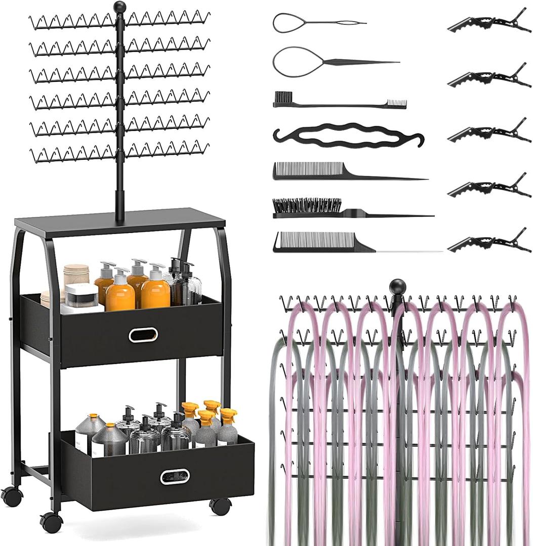 Portable Braiding Hair Rack With Wheels & Storage Drawers,168 Pegs Hair Extension Holder Hanger for Braiding Hair Separator Stand Display,Hair rack with stylist hair braiding tools(black)