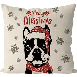 GAGEC Christmas Pillow Covers 18x18 Inch Boston Terrier Dog Throw Pillow Covers Xmas Winter Pillowcase Dog Christmas Decorations for Living Room Farmhouse Cushion Case