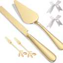 Wedding Cake Cutting Set, Elegant Gold Cake Cutter and Cake Server with Bonus Forks & White Bows, Extra Thick Stainless Steel Cake Knife and Server Set for Anniversary, Birthday, Baby Shower (13 Inch - Wedding Style)