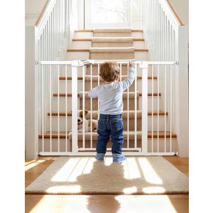 BABELIO 29-55 Inch Extra Wide Baby/Dog Gate, PressGuard P7, Metal Auto Close, Pressure Mounted Pet Door for Doorways, NO Need Tools and Drilling, with Wall Cups, White