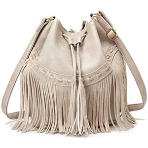 Leather Bucket Bags for Women Crossbody Fringe Purses with Drawstring Ladies Tassel Hobo and Shoulder Handbags
