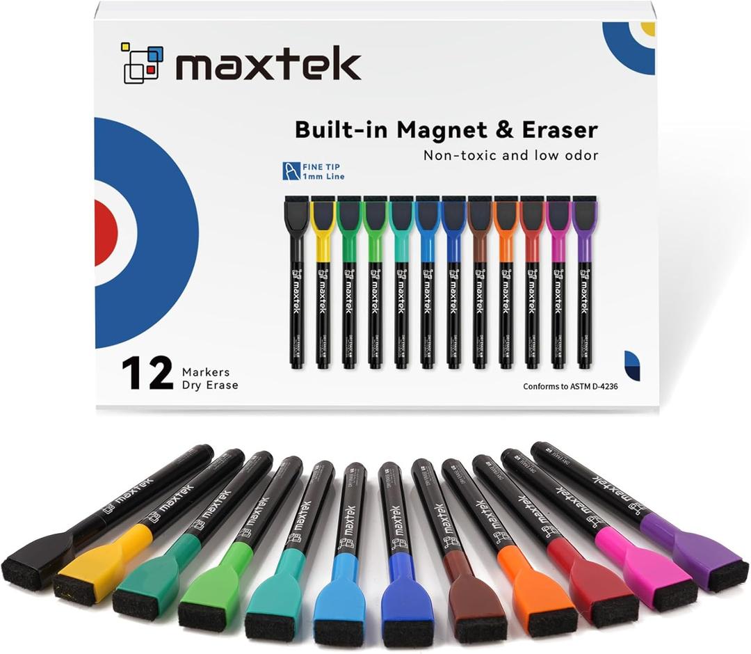 maxtek Magnetic Whiteboard Markers - 12 Count Colorful Fine Tip Dry Erase Markers with Eraser for Kids, Low Odor Thin Markers for Calendar Boards