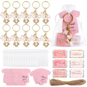 24 Set Baby Shower Party Favors for Girls Pink Footprint Keychains, Baby Shower Favors with Thank You Card White Organza Bags for Birthday Party Supplies (Pink)