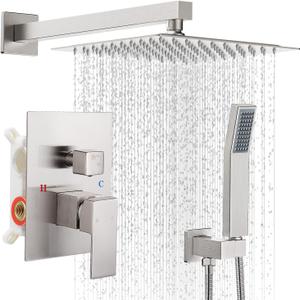 HGN 10 Inches Bathroom Rain Shower Combo Set Wall Mounted Rainfall Brushed Nickel Shower Head System Rough-in Valve Body and Trim Included