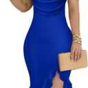 CHICME Womens Sexy Bodycon Party Dress Off The Shoulder Pearls Strap Midi Dress Ruffle Hem Cocktail Dresses (Blue)