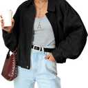 Kissonic Womens Faux Suede Bomber Jacket Oversized Batwing Long Sleeve Zip Up Cropped Coat Streetwear (Small, Black)