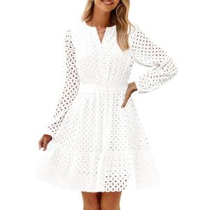ZESICA Women's 2025 Long Sleeve Mini Dress Fall V Neck Hollow Out Eyelet Embroidery Ruffle A Line Swing Short Dresses, White, Medium