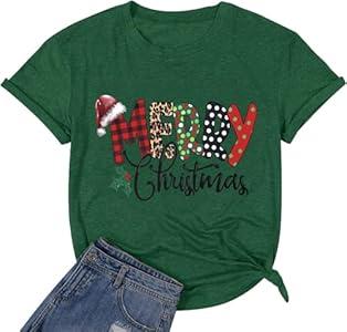 Merry Christmas Letter Print Crew Neck Casual Comfy T Shirts for Women Loose Fit Graphic Trendy Funny Family Xmas T Shirts for Women Family Holiday Letter Print Tee Tops(Green XL)
