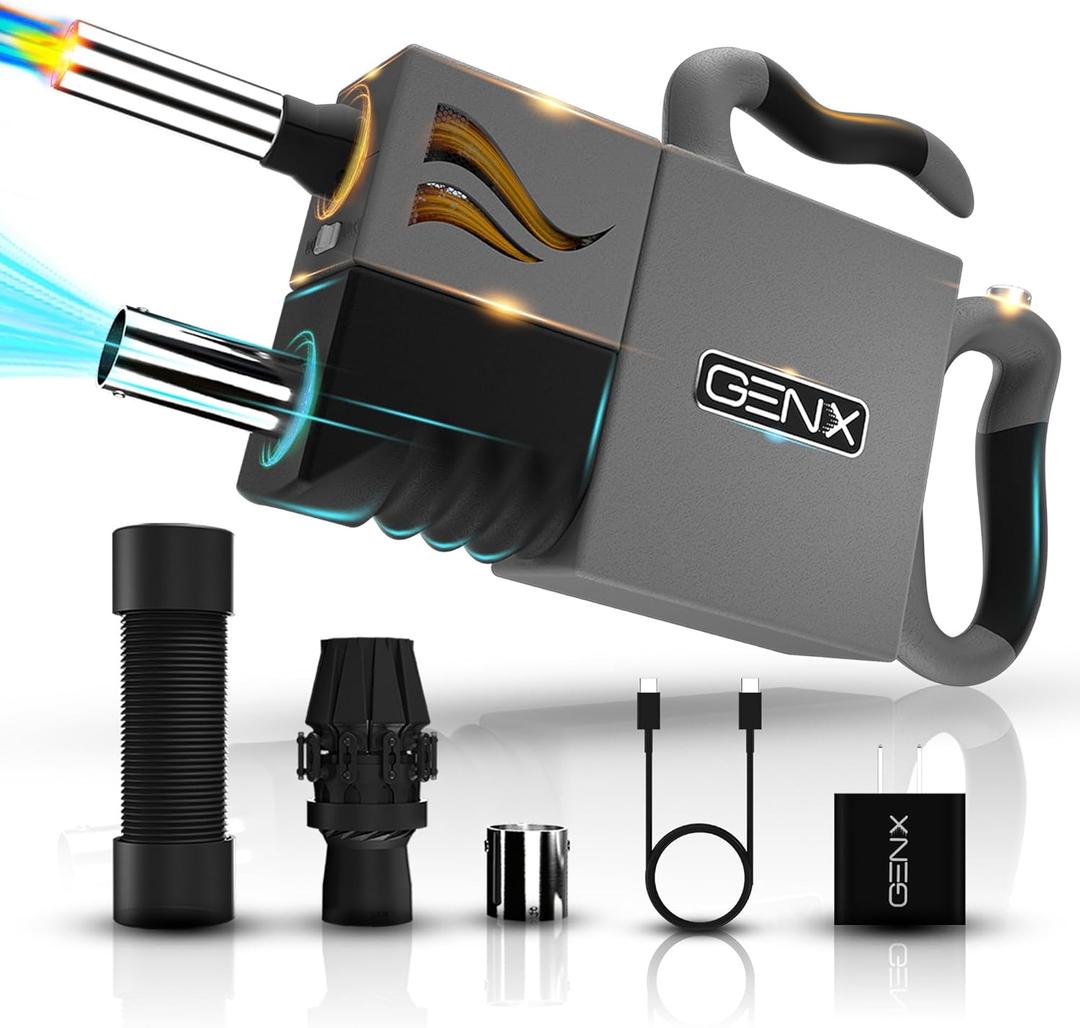 GenX Multifunctional Camp Care - Portable Small Rechargeable Wireless Camping Air Pump | Refillable Butane Lighter, Wind Resistant Flame for Campfire Starter | USB Power Bank Outdoor Battery Charger