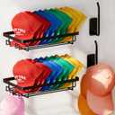 Baseball Cap Rack Wall Mount, 2 Wire Baskets with Front Hooks, Plus 2 Long Hooks, Metal Hat Organizer for 40+ Caps, Black