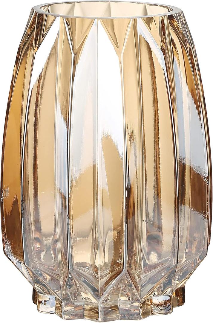 Glass Vase - Modern Ribbed Glass Vase for Flowers, Candles, and Decorative Accents -Black Grey, Amber, Clear and Colored Tall/Short Glass Vase for Centerpieces Home Table Decor (Amber, H-7.87inch)