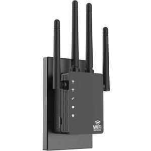 WiFi Extender with 4 Antennas 1200Mbps - Dual Band 5GHz/2.4GHz, WiFi Extender Signal Booster with 3 Modes Support, WiFi Repeater with 12880 Sq.ft 105 Devices, Easy Set Up for Home (Black-H1)