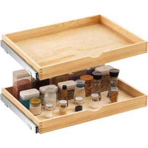 Menkxi 2 Set Wooden Pull out Cabinet Organizer Fully Assembled Slide out Pantry Drawer with Gentle Close Storage Shelf Tray for Base Kitchen Under Sink Bathroom Accessory(Wood Color,30'' X 21'' X 3")