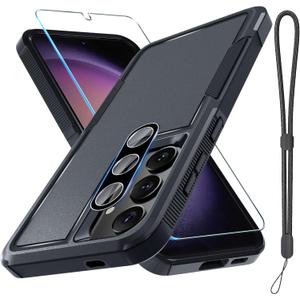 RMOCR Case for Samsung Galaxy S25 Plus, Full Body Heavy Duty Rugged Shockproof Protective Phone Cover with Lanyard Strap, Tempered Glass Screen Protector and Camera Lens Cover, Black Matte
