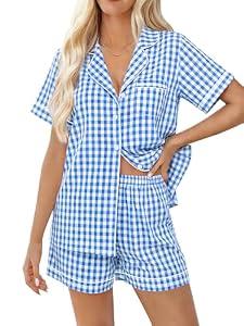 SWOMOG Women Plaid Pajama Set 100% Cotton 2 Piece Pjs Set Short Sleeve Gingham Shirts with Shorts Button Down Cute Loungewear, Medium