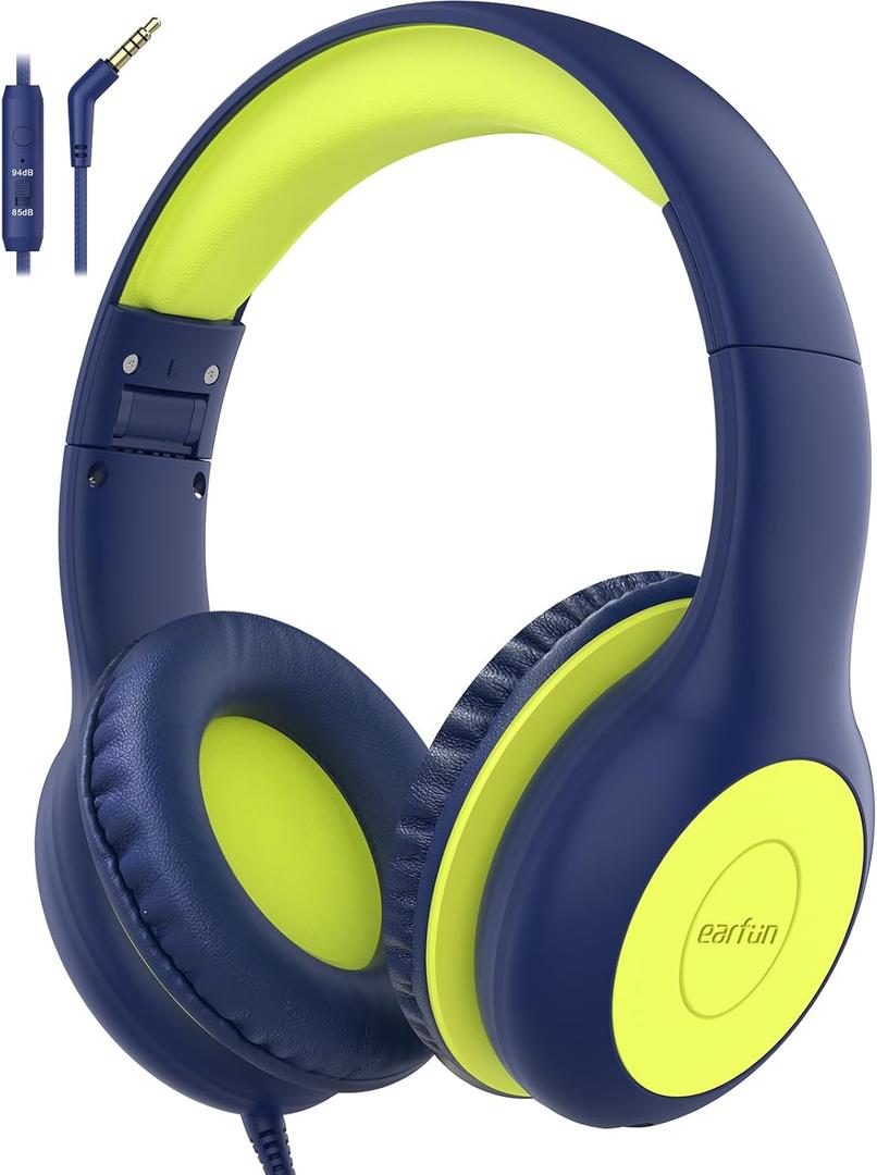 EarFun Kids Headphones Wired with Microphone, 85/94dB Volume Limit Headphones for Kids, Portable Wired Headphone with Shareport, Stereo Sound Foldable Headset for School/Tablet/iPad, Blue Lemon