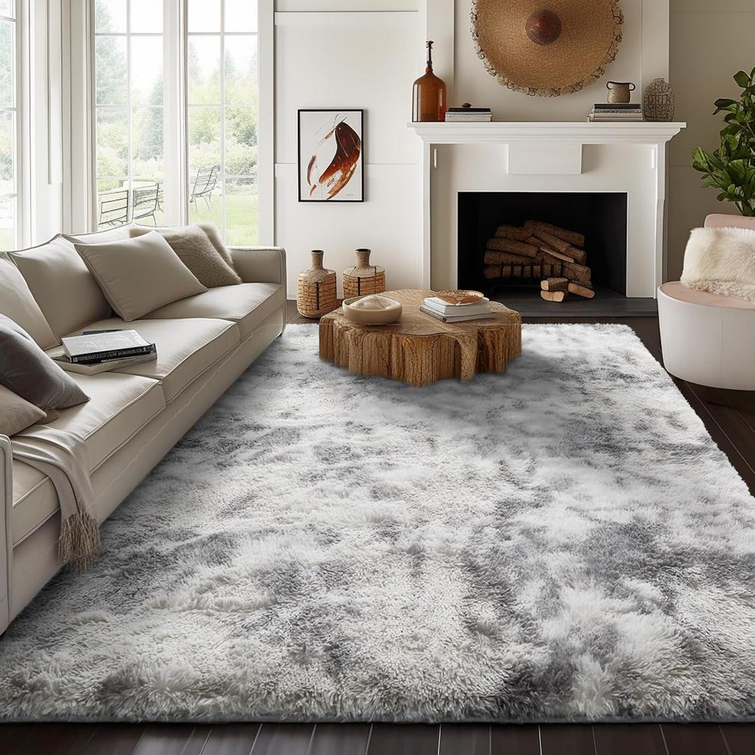 Ophanie Upgrade 8x10 Rugs for Living Room, White & Grey, Fluffy Shaggy Soft Area Rug, Non-Slip Indoor Floor Carpet for Bedroom, Kids Baby Boys Teen Dorm Home Decor Aesthetic, Nursery