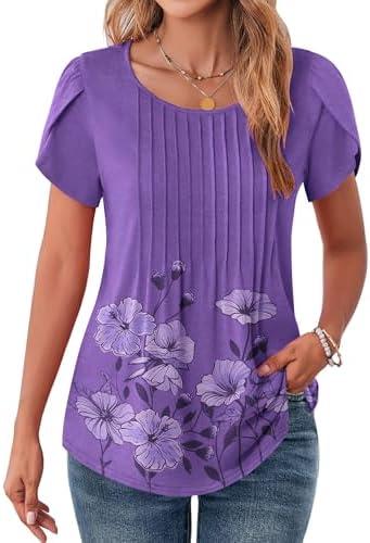 Zeagoo Womens Tops Petal Short Sleeve Summer Casual Crew Neck Shirts Floral Solid Blouse Pleated Tunics, M