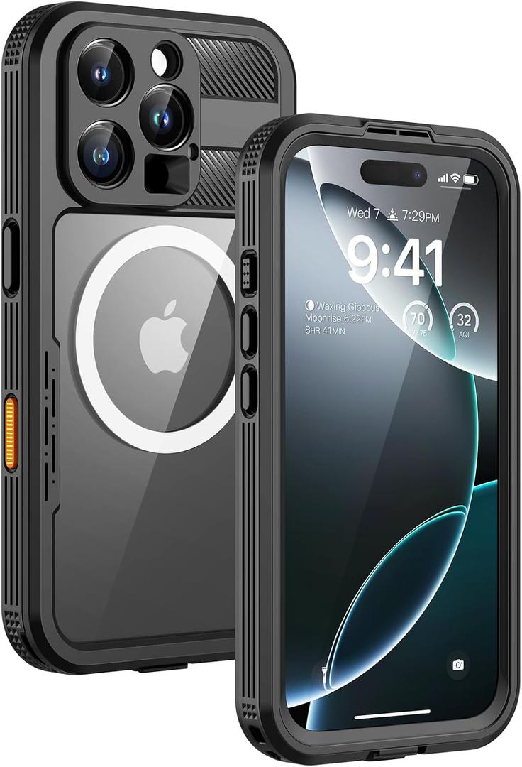 Lanhiem Magnetic for iPhone 16 Pro Max Case, IP68 Waterproof Dustproof Case, [Compatible with Magsafe] [Built-in Screen Protector] Full Body Heavy Duty Rugged Phone Cover 6.9 inch, Black/Clear