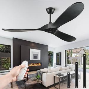 60" Ceiling Fans Without Light, Solid Wood Ceiling Fan with Remote Control and Quiet DC Motor, Ceiling Fan no Light 3 Blades, Outdoor Ceiling Fans for Patios without Lights (60 INCH, Matte Black)