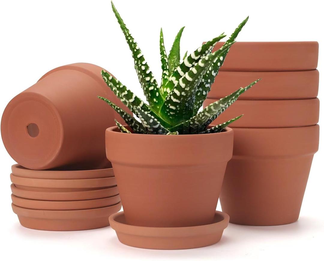 4 PCS Clay pots and Plates, 5-inch red Clay pots with Drainage, Perfect for Indoor, windowsill, and Garden Plants