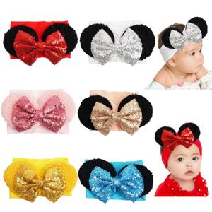 CellElection 6 Pack Mouse Ears Sequin Headbands 6Inch Large Big Sparkly Glitter Sequin Hair Bows Soft Nylon Hairbands Hair Accessories for Baby Girls Newborns Infants Toddlers Baby