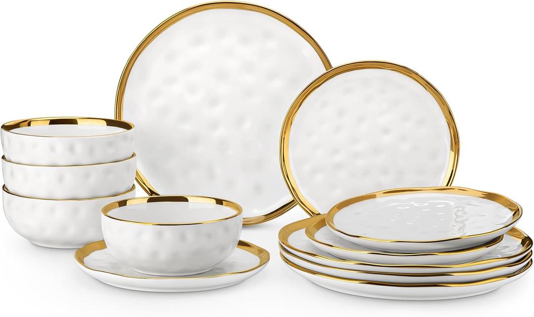 LOVECASA 12 Pieces Plates and Bowls Sets, Porcelain White and Gold Dinnerware Sets, Round Dinner Plates Dishes Set Service for 4, Dishwasher Safe and Scratch Resistant, White