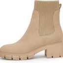 Ruanyu Womens Platform Ankle Boots Elastic Chunky Block Heel Chelsea Booties Lug Sole Non-Slip Combat Shoes (Beige)