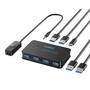 USB 3.0 Switch, USB Switcher 2 Computers Share 4 USB for Printer Keyboard Mouse, Scanner, USB KVM Switch Selector with 2 USB 3.0 Cables and Power Cable, Support Hotkey/Button/Wired Remote Switching