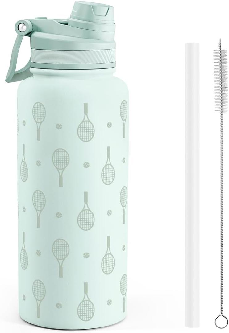 Tennis Stainless Steel Water Bottle with Strap 32oz, Insulated Bottles with Straw and Spout Lid for Gym Sports Travel Outdoor, Gifts for Women Girls Birthday Christmas
