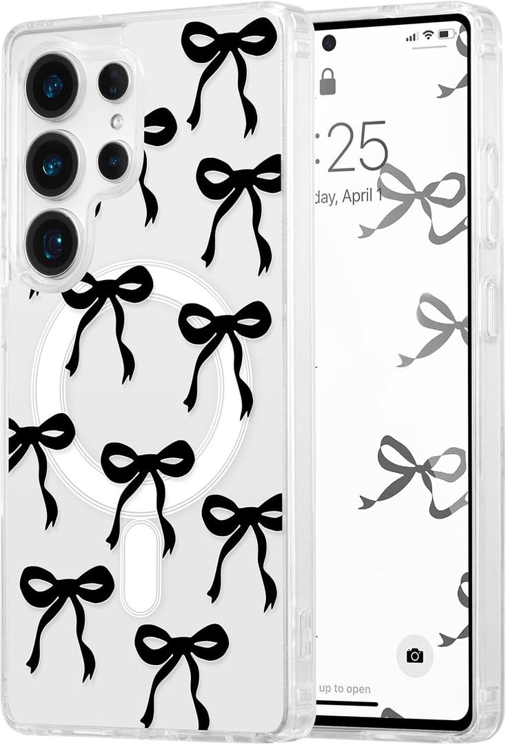 UEEBAI Magnetic for Samsung Galaxy S24 Ultra Case, Bow Case Compatible with MagSafe, Wireless Slim Clear Ribbon Aesthetic Phone Cover Anti-Yellowing Shockproof Protective Cover for Women Girl - Black