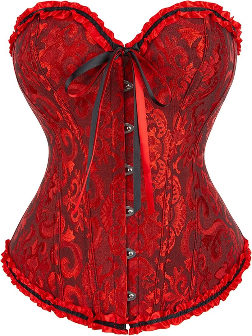 Alivila.Y Fashion Womens Lace Up Corset Top Overbust Body Shaper Bustier Corsets for Women (Blackred Jacquard, 2XL)